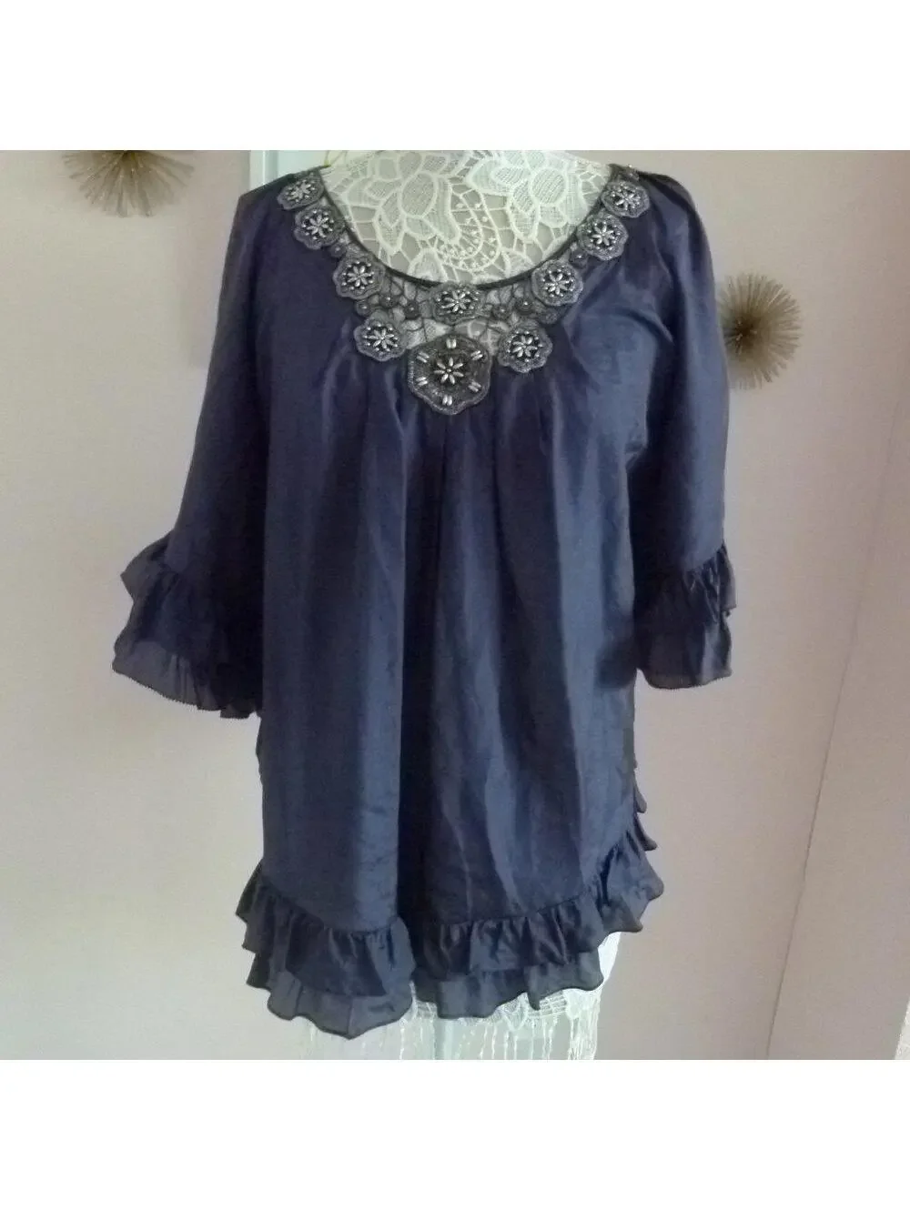 Rebecca Taylor Navy Blue 100% Silk Jeweled Ruffle Blouse Top – Size 10 new